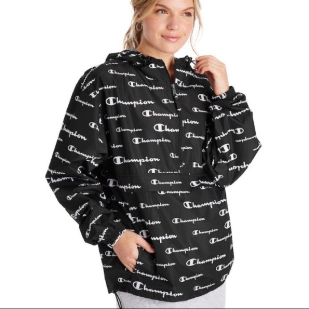 Champion Women's All Over‎ Logo Packable Windbreaker Hooded Jacket Pullover XS